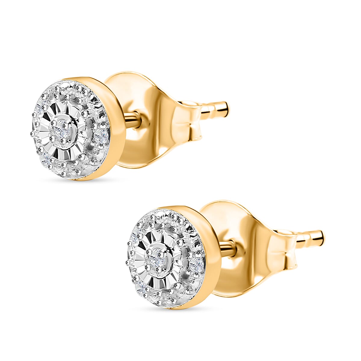 White Diamond Solitaire Stud Earring with Push Back in 18K Vermeil Yellow Gold Plated Sterling Silver