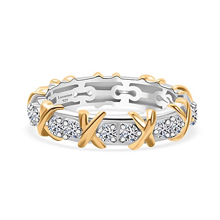 Luxuriant Diamond 1 Ct. Lab Grown Diamond XO Band Ring in Rhodium and 18K Vermeil Yellow Gold Plated Sterling Silver