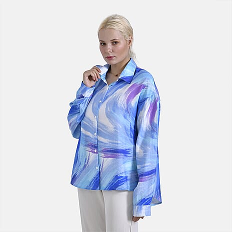 - Maisi Relaxed Fit Abstract Brush Stroke Pattern Shirt (Size - S-M) - White - Blue