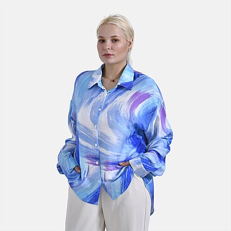 - Maisi Relaxed Fit Abstract Brush Stroke Pattern Shirt (Size - S-M) - White - Blue