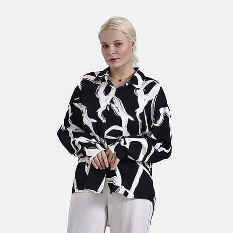 -Maisi Abstract Art Pattern Relaxed Fit Shirt (Size - S-M) - Black - White