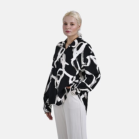 -Maisi Abstract Art Pattern Relaxed Fit Shirt (Size - S-M) - Black - White