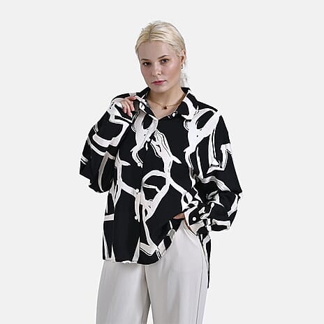 -Maisi Abstract Art Pattern Relaxed Fit Shirt (Size - S-M) - Black - White