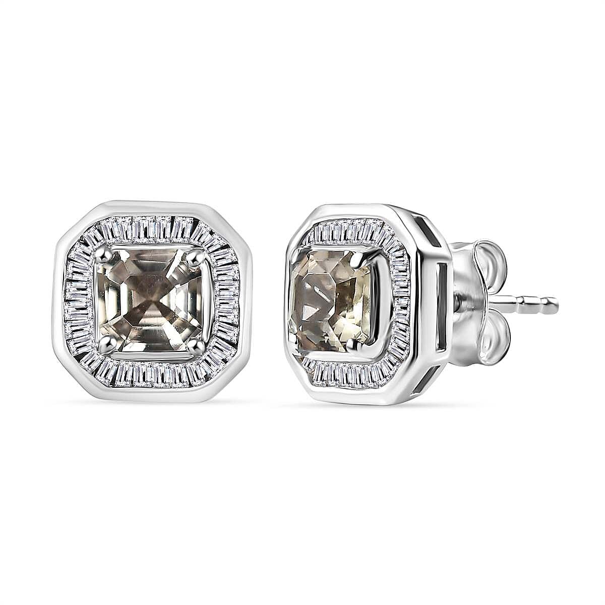 AAA Asscher Cut Turkizite & Natural White Diamond Earrings With Push Back in Rhodium Overlay Sterling Silver 1.89 Ct.
