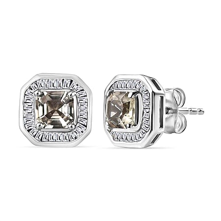 Turkizite ,  White Diamond  Solitaire Stud Push Post Earring in Rhodium Overlay Sterling Silver 1.93 ct  1.886  Ct.