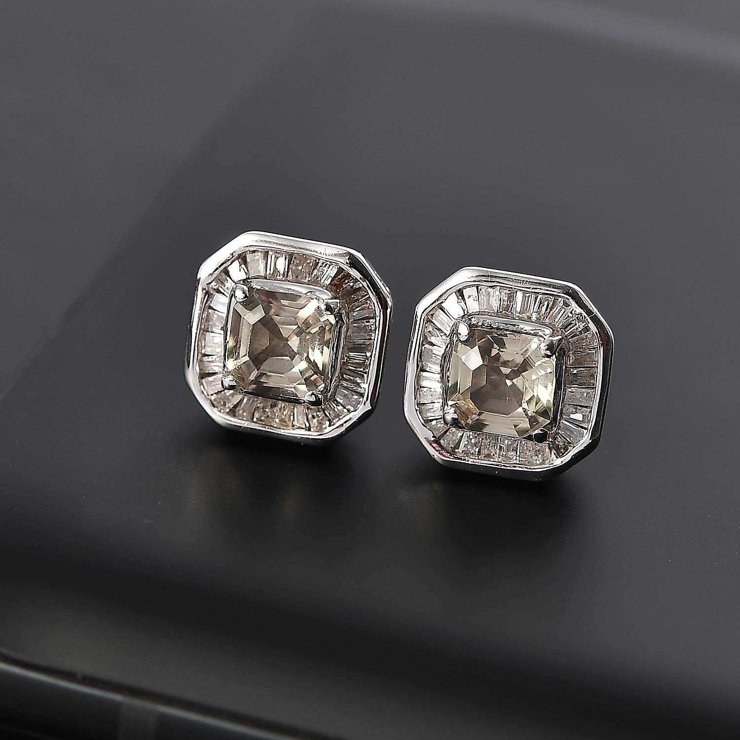 AAA Asscher Cut Turkizite & Natural White Diamond Earrings With Push Back in Rhodium Overlay Sterling Silver 1.89 Ct.
