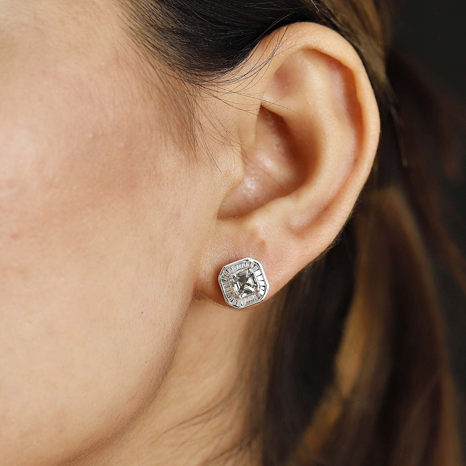 AAA Asscher Cut Turkizite & Natural White Diamond Earrings With Push Back in Rhodium Overlay Sterling Silver 1.89 Ct.