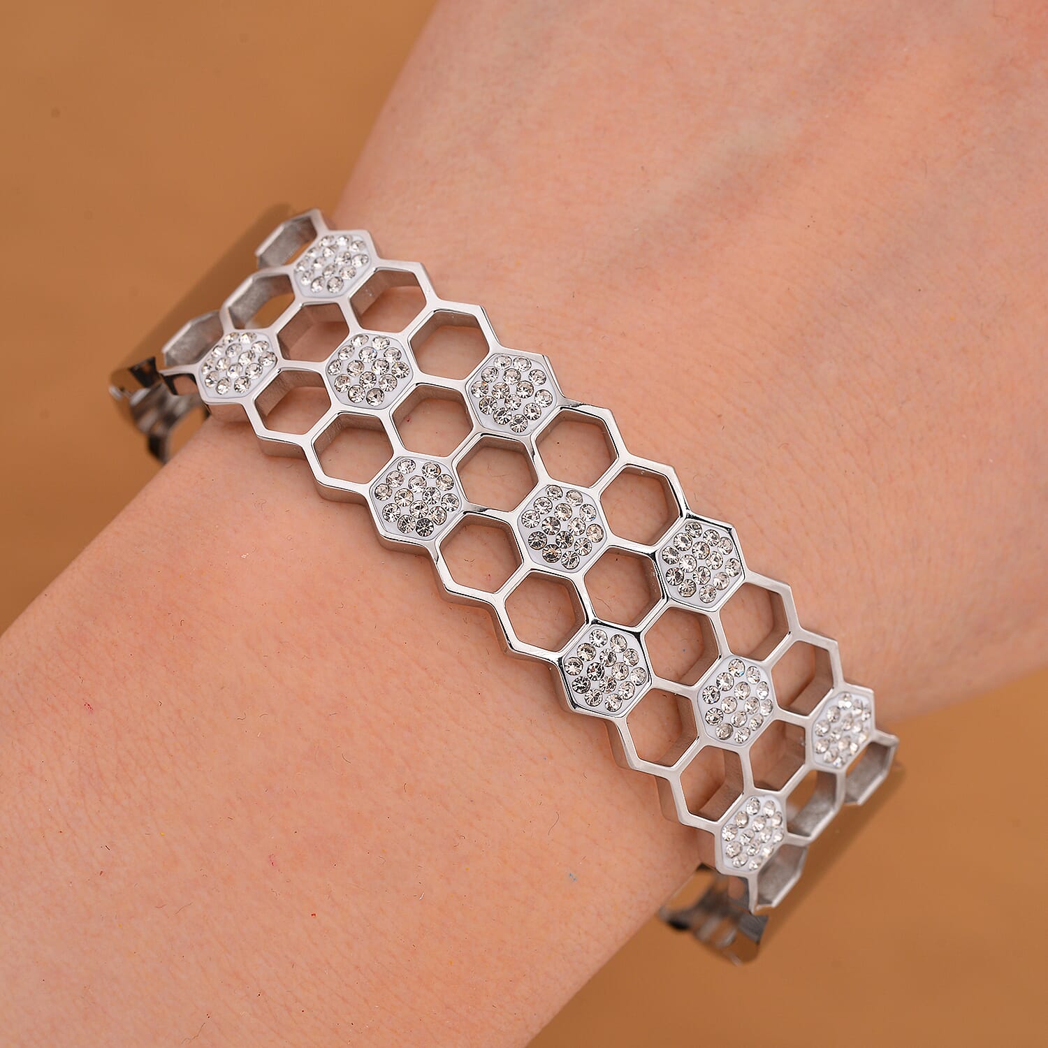 White Austrian Crystal Bangle (Size - 7.25) With Enamel in White Tone