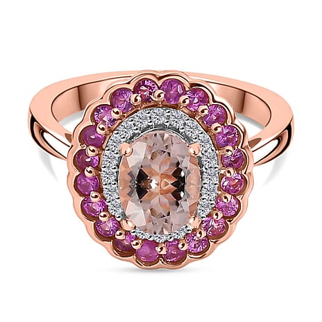 Extreme Rare Find - Marropino Morganite with Pink Sapphire & White Zircon Designer Double Halo Ring in 18K Vermeil Rose Gold Plated Sterling Silver 1.93 Ct.