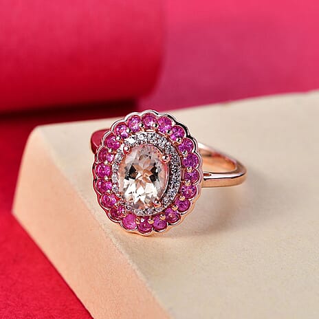 Extreme Rare Find - Marropino Morganite with Pink Sapphire & White Zircon Designer Double Halo Ring in 18K Vermeil Rose Gold Plated Sterling Silver 1.93 Ct.
