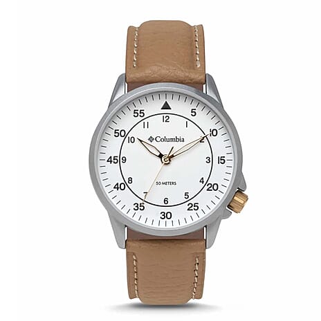 Columbia Viewmont Quartz Movt. 5ATM WR White Dial Mens Watch with Brown Leather Strap