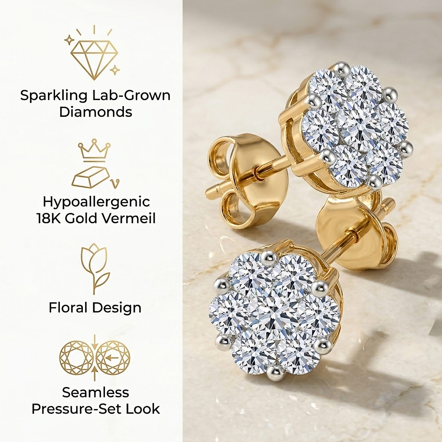 Luxuriant - Pressure Set Lab Grown Diamond (SI-GH) Push Back Earrings in 18K Vermeil Yellow Gold Plated Sterling Silver 0.51 Ct.