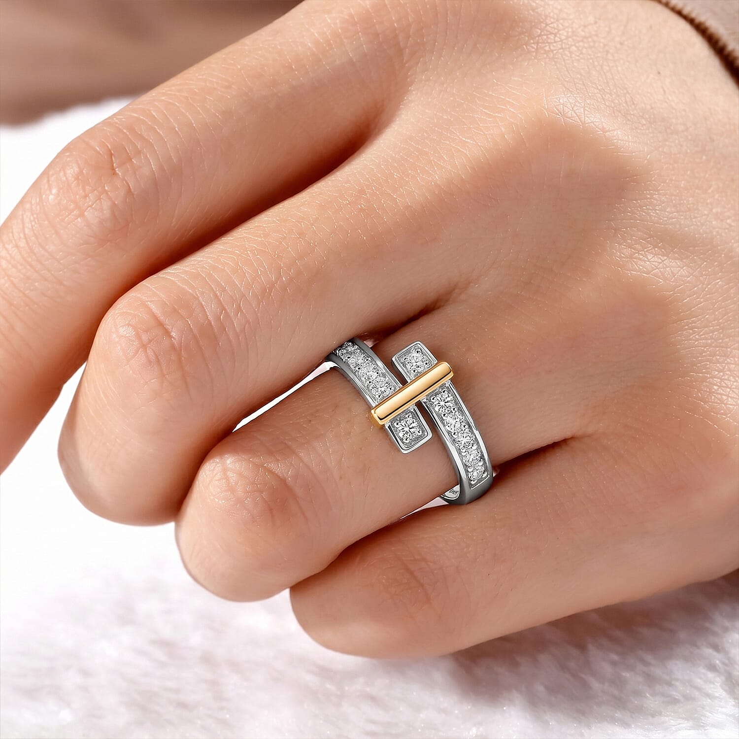 Designer Inspired - Luxuriant Diamond Lab Grown Diamond (SI-GH) Bypass Ring in 18K Vermeil Yellow Gold Plated & Rhodium Overlay Sterling Silver 0.51 Ct.