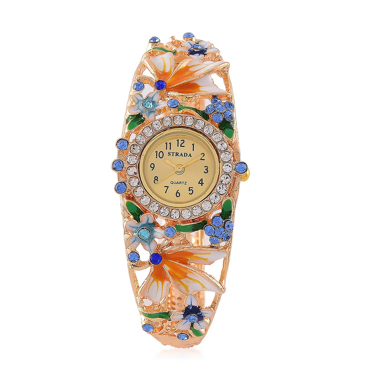 STRADA Japanese Movt. Water-Resistant Floral Bangle Watch with Multi Colour Enamel & Crystal Strap