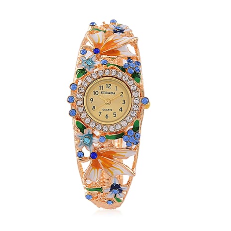 STRADA Japanese Movt. Water-Resistant Floral Bangle Watch with Multi Colour Enamel & Crystal Strap
