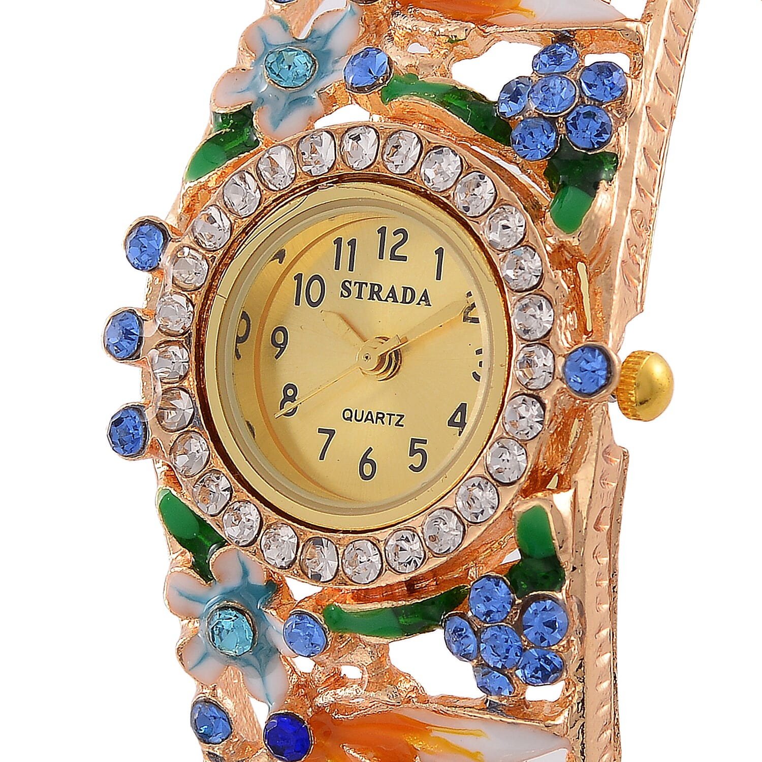 STRADA Japanese Movt. Water-Resistant Floral Bangle Watch with Multi Colour Enamel & Crystal Strap