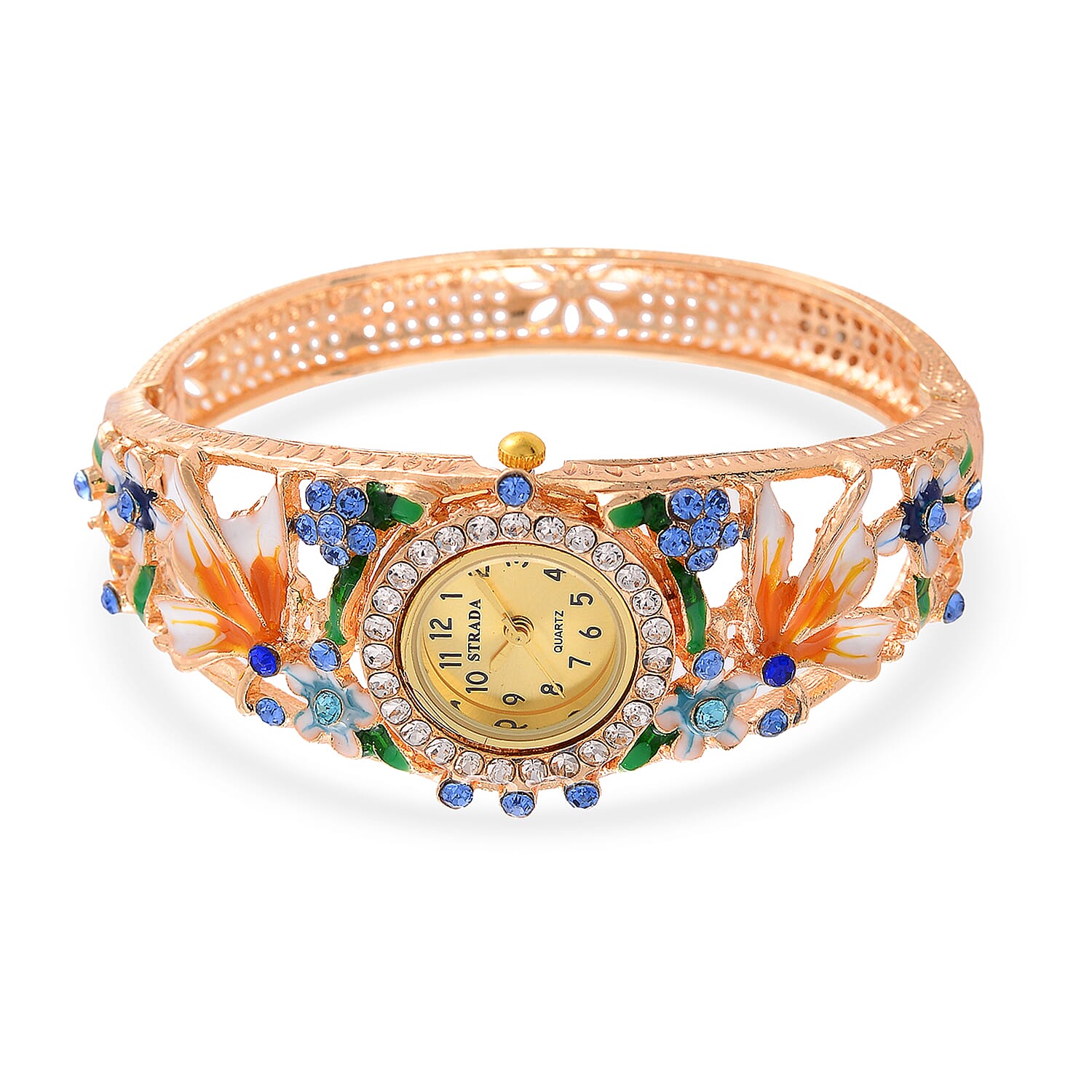 STRADA Japanese Movt. Water-Resistant Floral Bangle Watch with Multi Colour Enamel & Crystal Strap