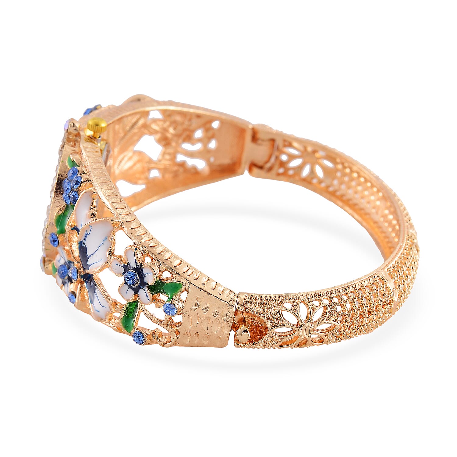 STRADA Japanese Movt. Water-Resistant Floral Bangle Watch with Blue and Multi Color Enamel & Crystal Strap STRADA Japanese Movt. Water-Resistant Floral Bangle Watch with Blue and Multi Color Enamel & Crystal Strap