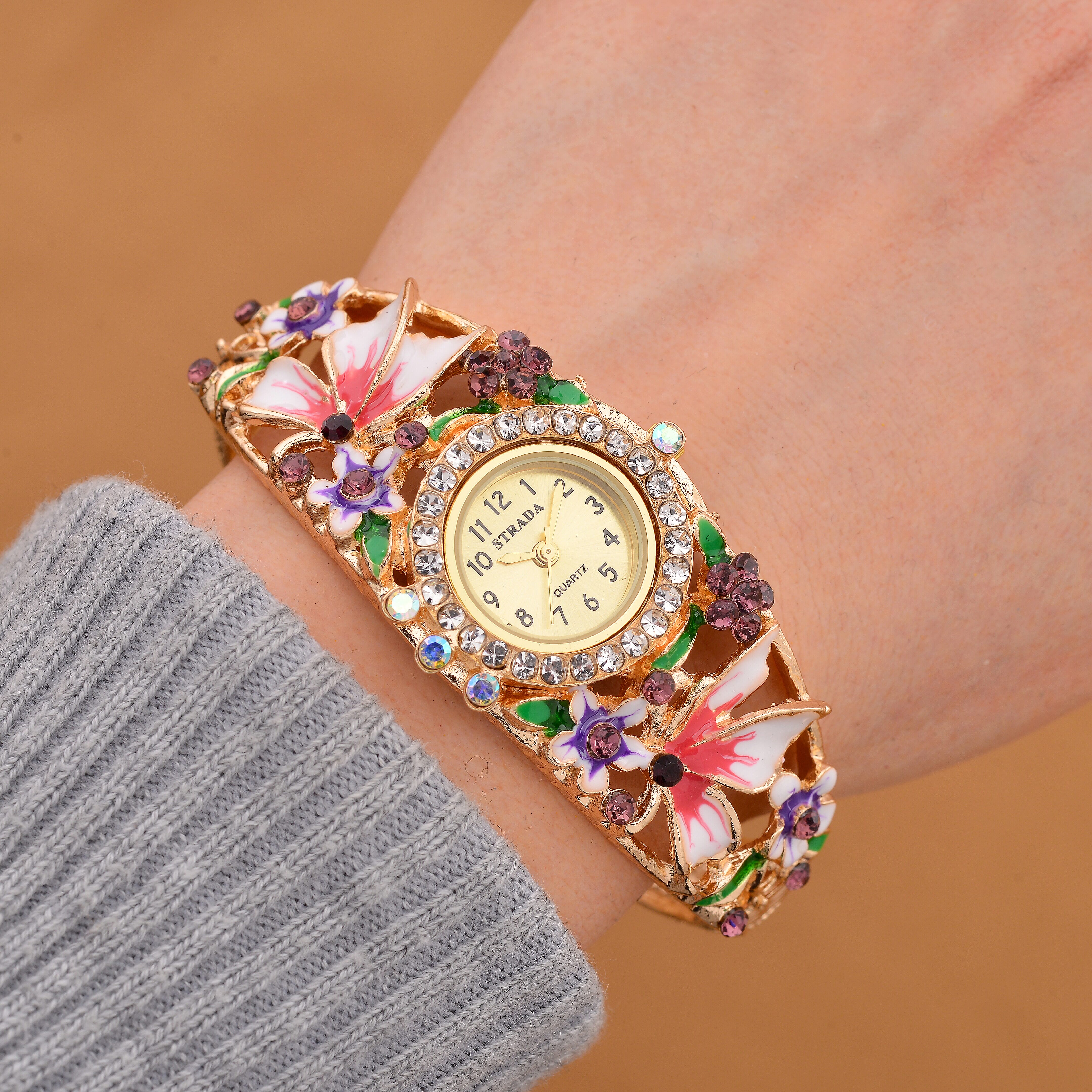 STRADA Japanese Movt. Water-Resistant Floral Bangle Watch with Pink and Multi Color Enamel & Crystal Strap