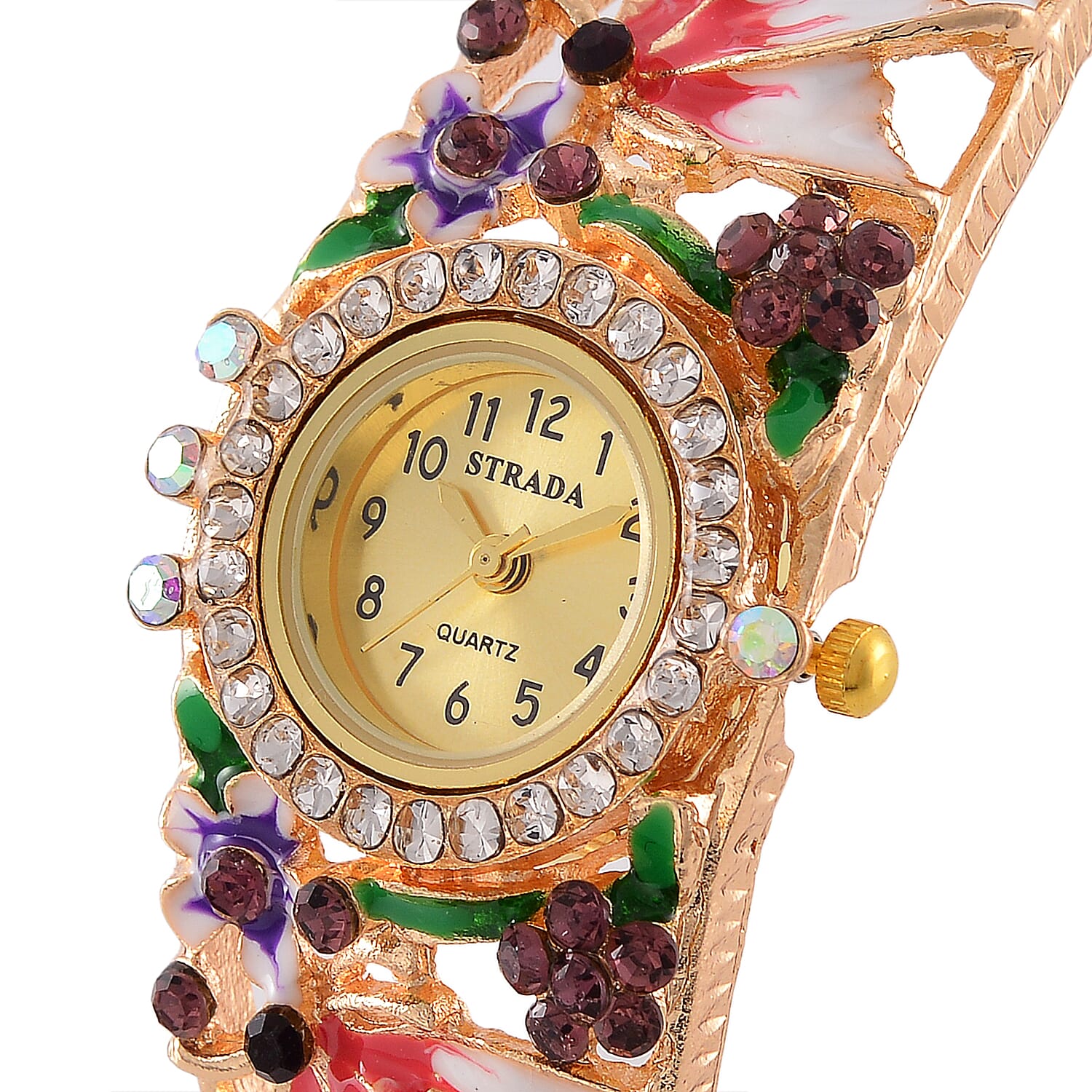 STRADA Japanese Movt. Water-Resistant Floral Bangle Watch with Pink and Multi Color Enamel & Crystal Strap