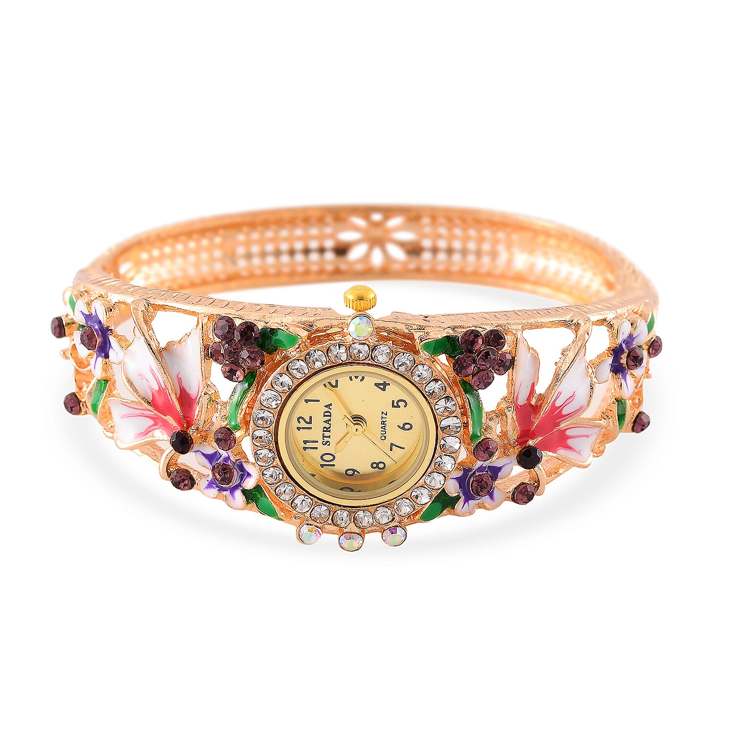 STRADA Japanese Movt. Water-Resistant Floral Bangle Watch with Pink and Multi Color Enamel & Crystal Strap