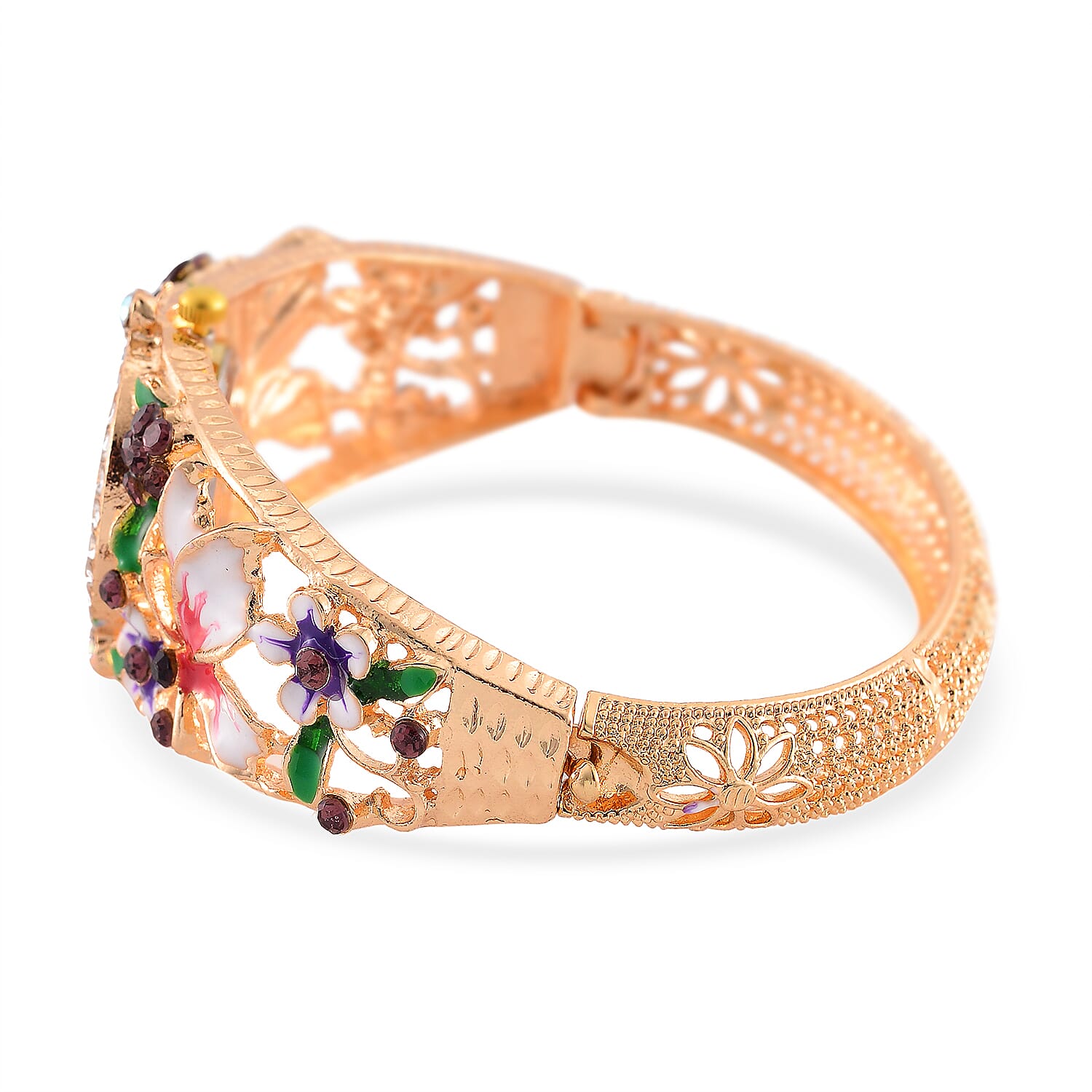 STRADA Japanese Movt. Water-Resistant Floral Bangle Watch with Pink and Multi Color Enamel & Crystal Strap
