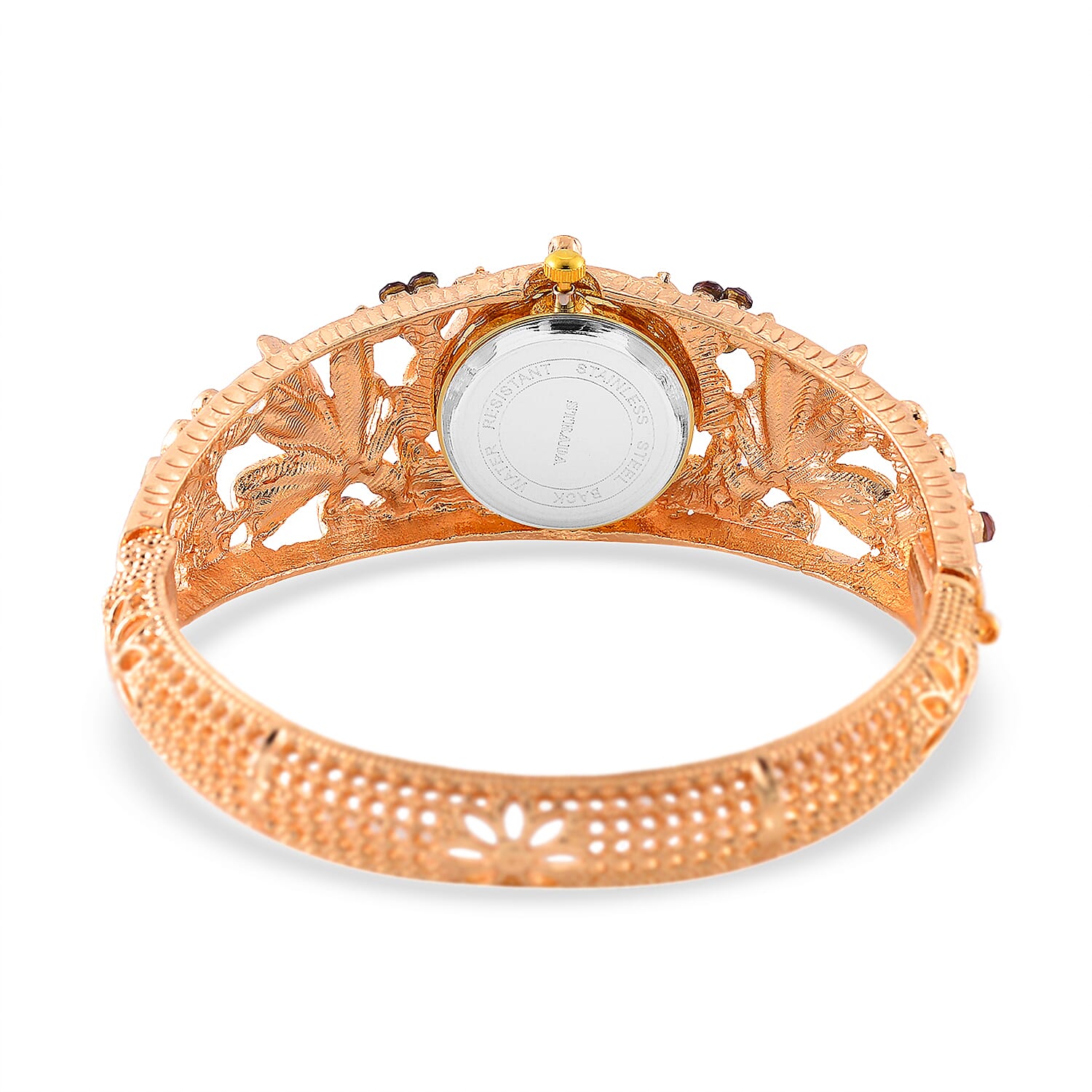 STRADA Japanese Movt. Water-Resistant Floral Bangle Watch with Pink and Multi Color Enamel & Crystal Strap