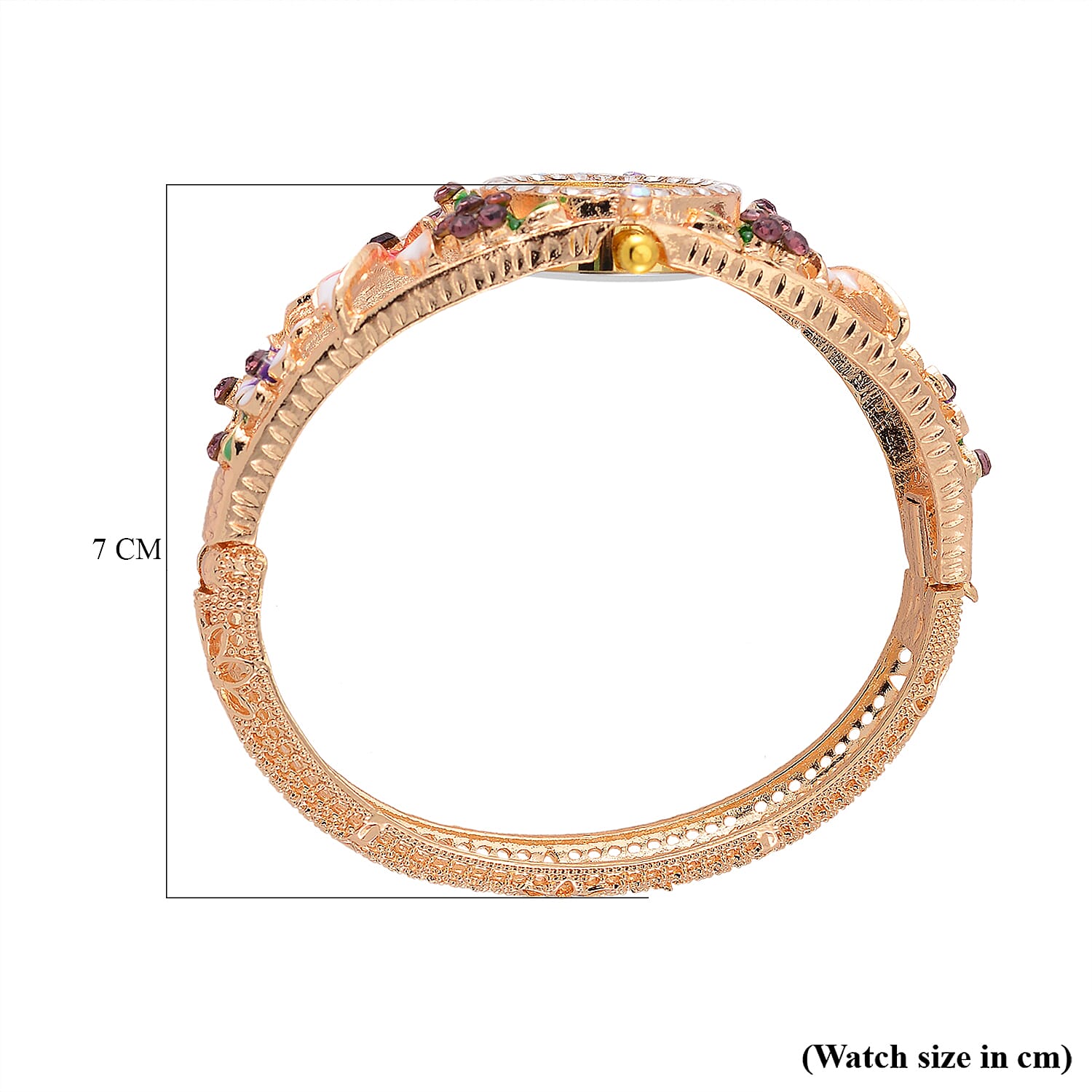 STRADA Japanese Movt. Water-Resistant Floral Bangle Watch with Pink and Multi Color Enamel & Crystal Strap