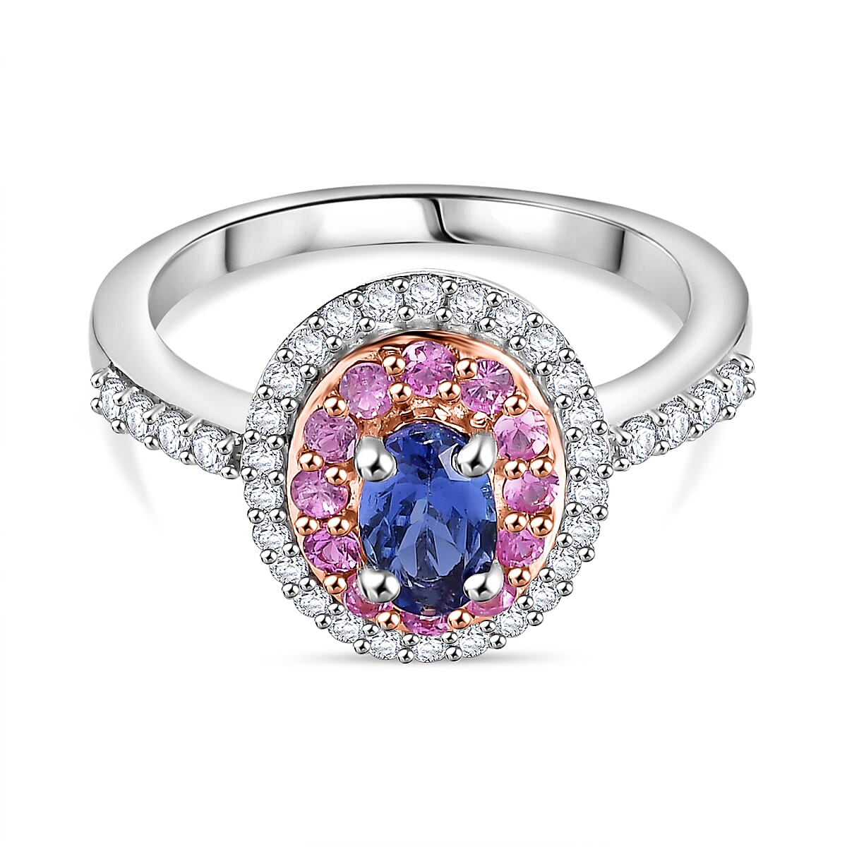 Close Out Deal- Premium Tanzanite & Pink Sapphire and Zircon Ring in 18K Vermeil R Gold Overlay Sterling Silver 1.26 Ct.
