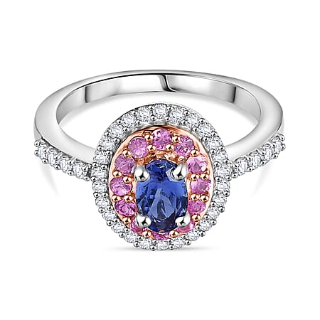 Tanzanite ,  Pink Sapphire ,  White Zircon  Main Stone With Side Stone Ring in Rhodium Overlay Sterling Silver 1.92 ct  1.261  Ct.