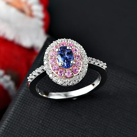 Close Out Deal- Premium Tanzanite & Pink Sapphire and Zircon Ring in 18K Vermeil R Gold Overlay Sterling Silver 1.26 Ct.
