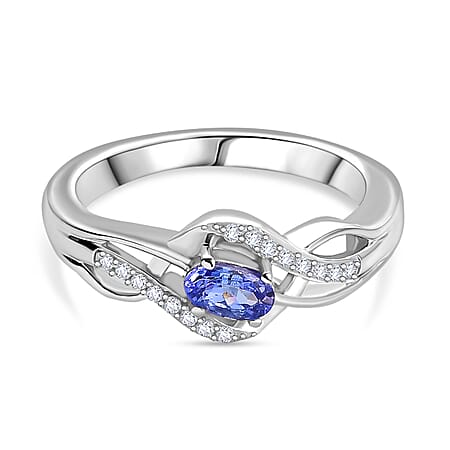 Tanzanite ,  White Zircon  Main Stone With Side Stone Ring in Rhodium Overlay Sterling Silver 0.42 ct  0.388  Ct.