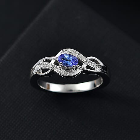 Tanzanite & White Zircon Ring in Rhodium Overlay Sterling Silver