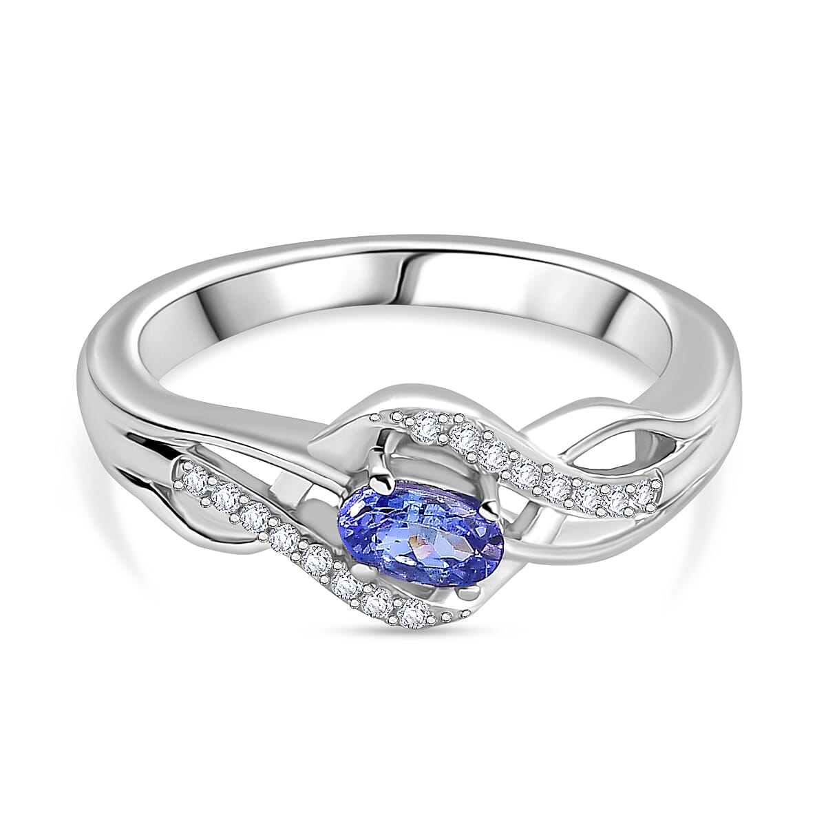 Tanzanite, White Zircon Swirl Ring in Rhodium Overlay Sterling Silver 0.39 Cts.