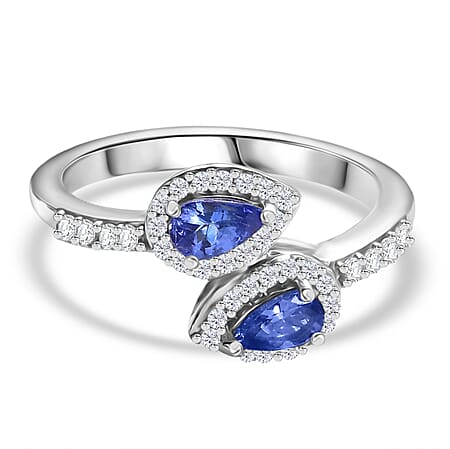 Tanzanite ,  White Zircon  Bypass Ring in Rhodium Overlay Sterling Silver 0.86 ct  0.788  Ct.