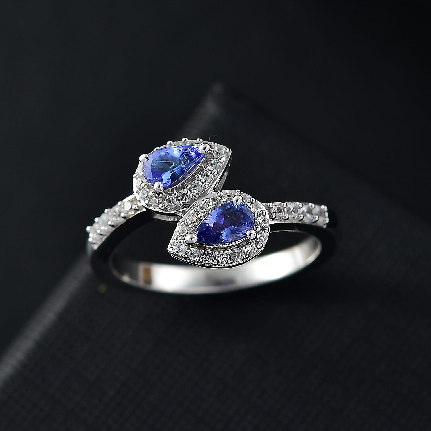 Tanzanite & White Zircon Bypass Ring in Rhodium Overlay Sterling Silver 0.79 Ct.