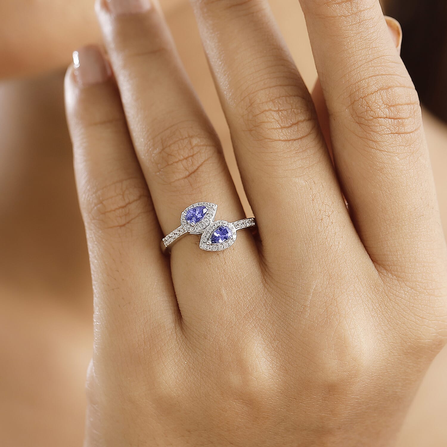 Tanzanite & White Zircon Bypass Ring in Rhodium Overlay Sterling Silver 0.79 Ct.