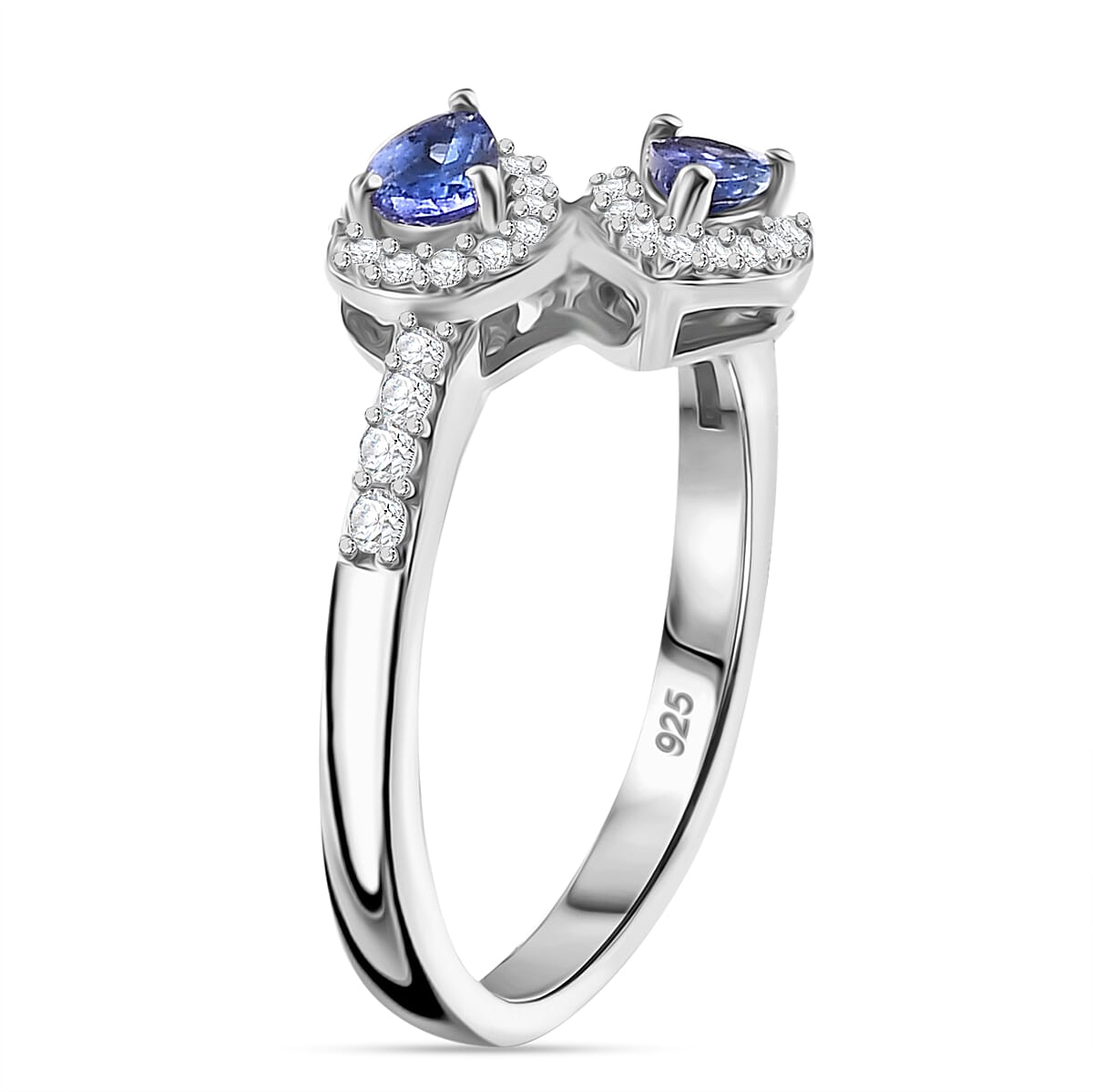 Tanzanite & White Zircon Bypass Ring in Rhodium Overlay Sterling Silver 0.79 Ct.
