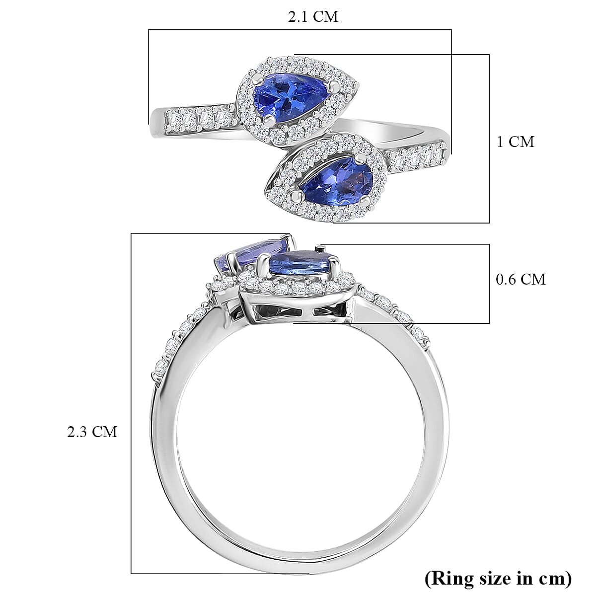 Tanzanite & White Zircon Bypass Ring in Rhodium Overlay Sterling Silver 0.79 Ct.
