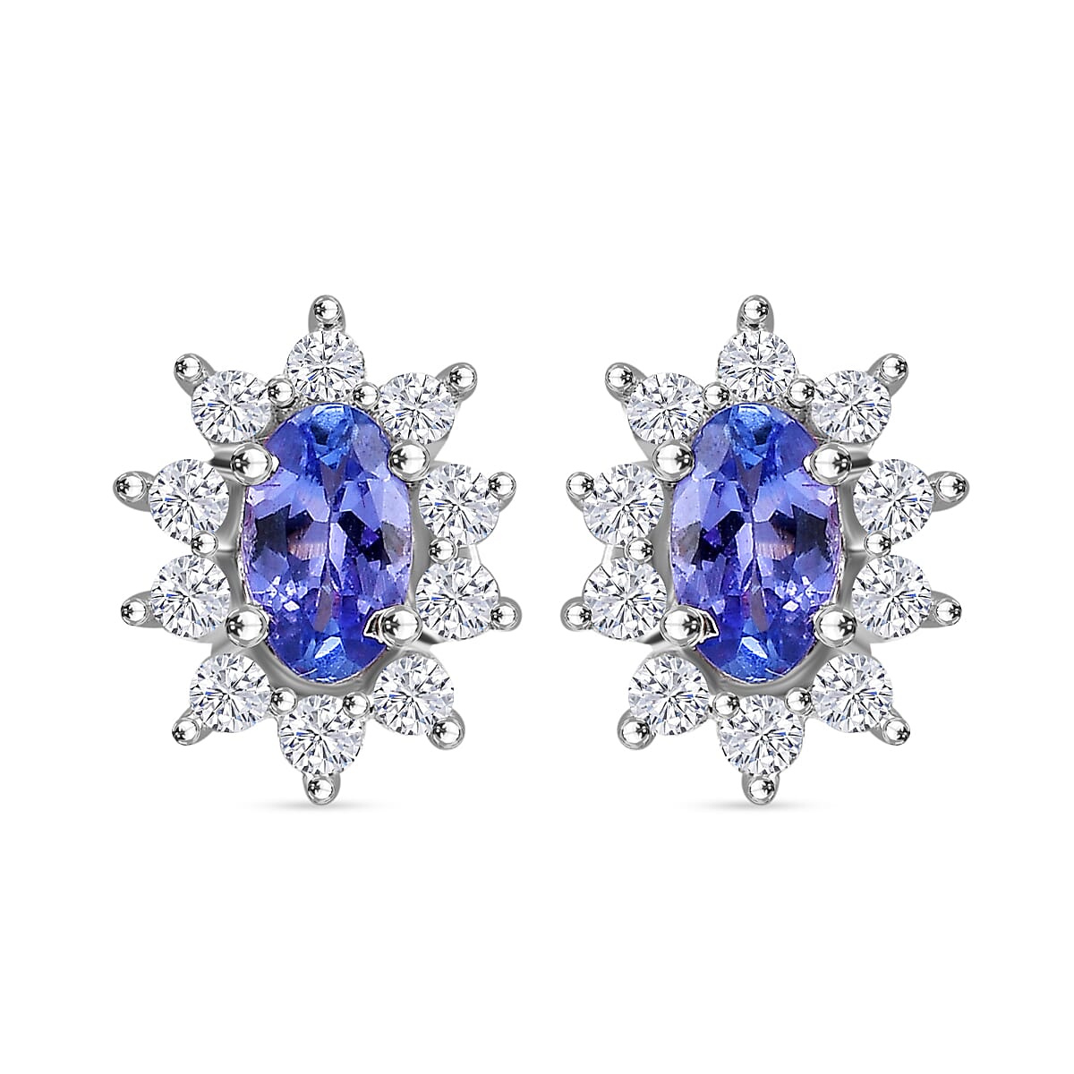 AAA Tanzanite & White Zircon Solitaire Stud With Push Back Earring in Rhodium Overlay Sterling Silver