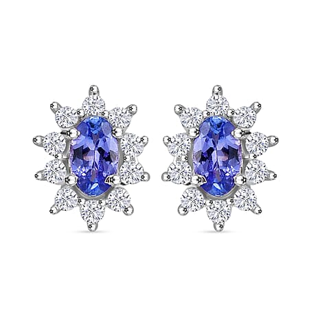 Tanzanite ,  White Zircon  Solitaire Stud Push Post Earring in Rhodium Overlay Sterling Silver 1.30 ct  0.864  Ct.