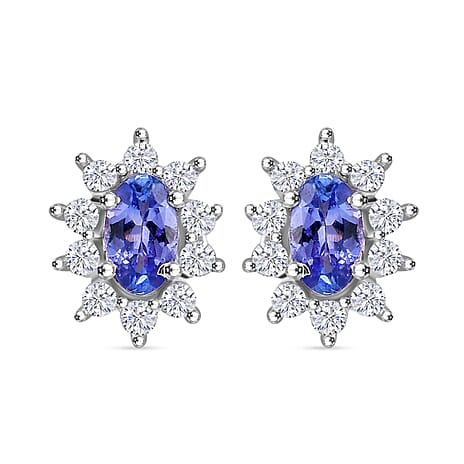 AAA Tanzanite & White Zircon Solitaire Stud With Push Back Earring in Rhodium Overlay Sterling Silver