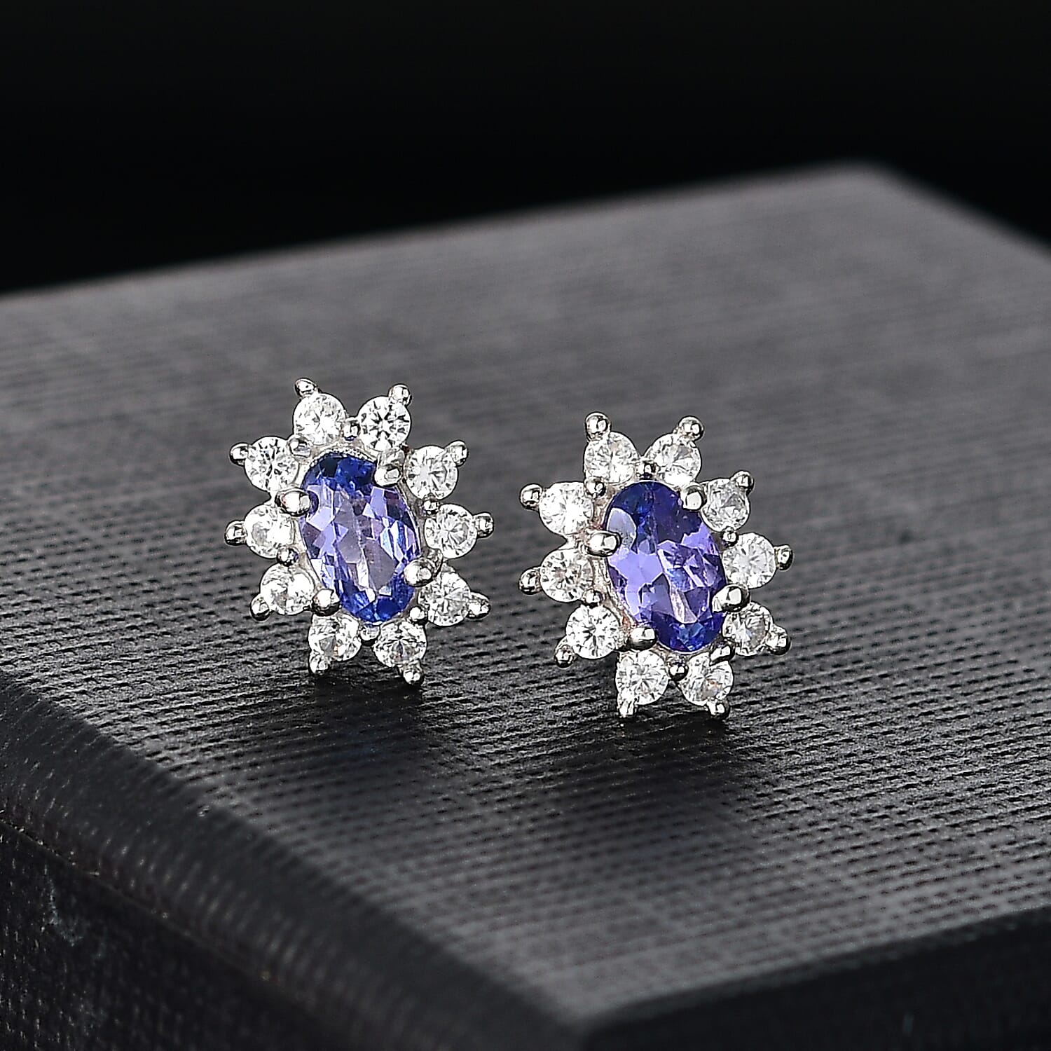 AAA Tanzanite & White Zircon Solitaire Stud With Push Back Earring in Rhodium Overlay Sterling Silver