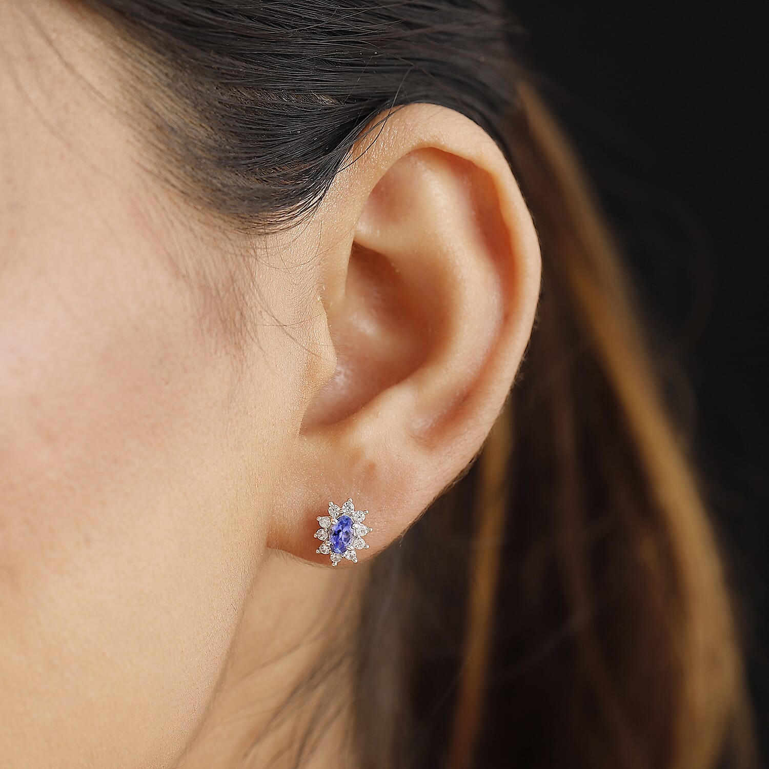 AAA Tanzanite & White Zircon Solitaire Stud With Push Back Earring in Rhodium Overlay Sterling Silver