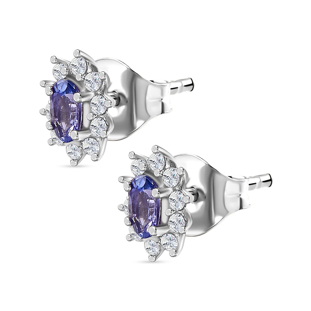 AAA Tanzanite & White Zircon Solitaire Stud With Push Back Earring in Rhodium Overlay Sterling Silver