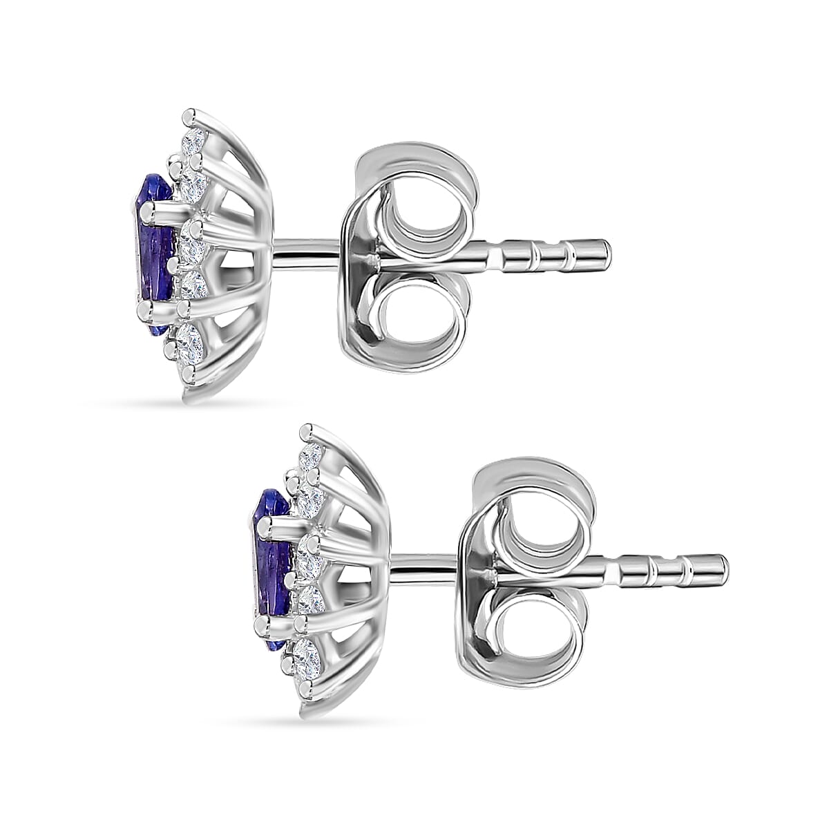 AAA Tanzanite & White Zircon Solitaire Stud With Push Back Earring in Rhodium Overlay Sterling Silver