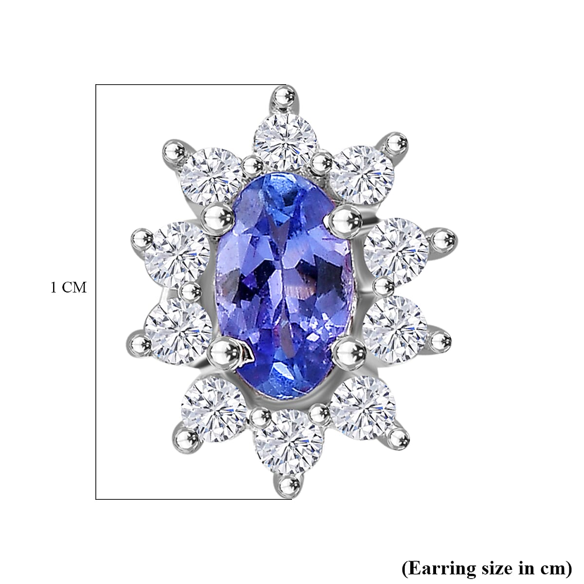 AAA Tanzanite & White Zircon Solitaire Stud With Push Back Earring in Rhodium Overlay Sterling Silver
