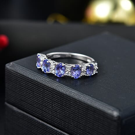Tanzanite & White Zircon Cluster Ring in Rhodium Overlay Sterling Silver 1.59 Ct.