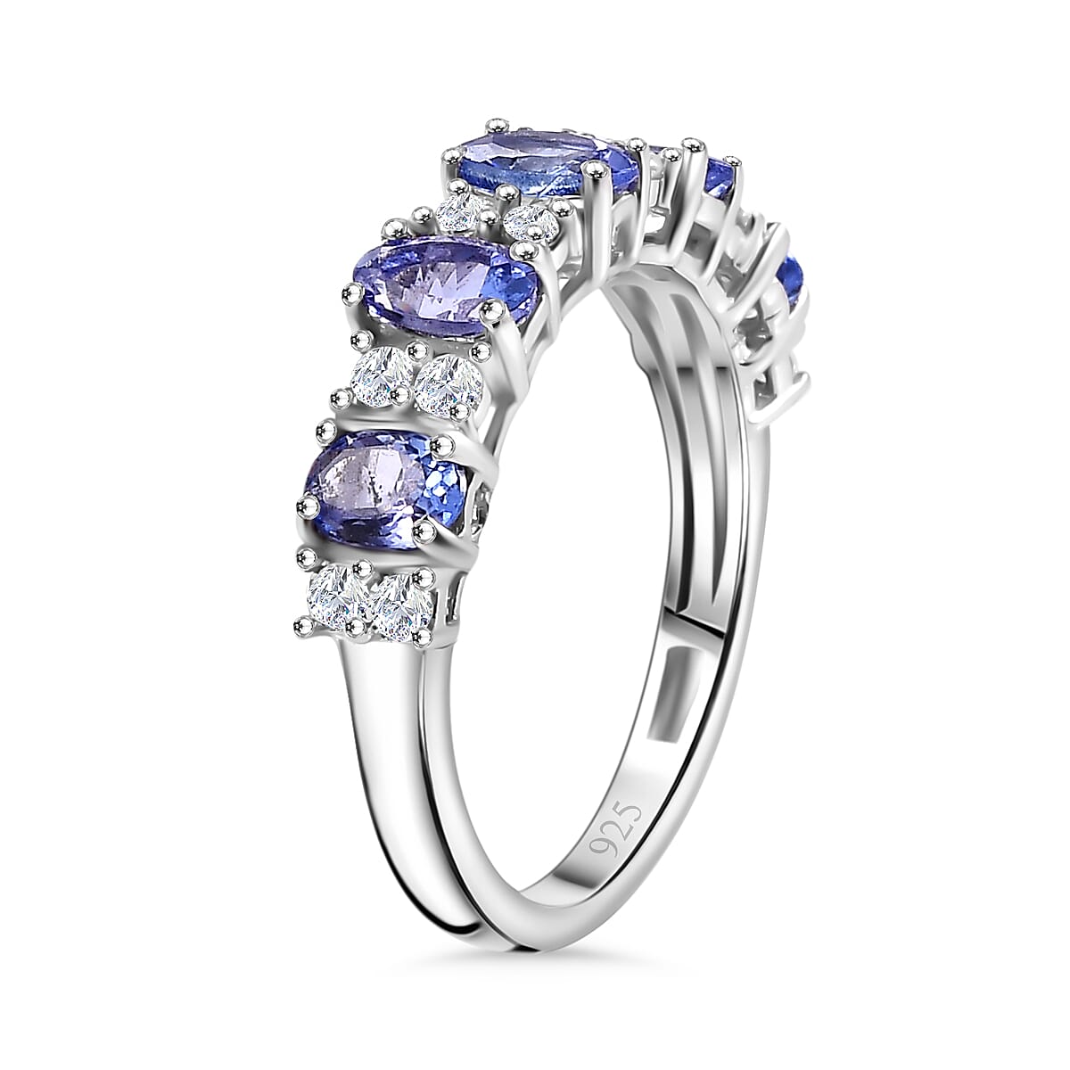 Tanzanite & White Zircon Cluster Ring in Rhodium Overlay Sterling Silver 1.59 Ct.