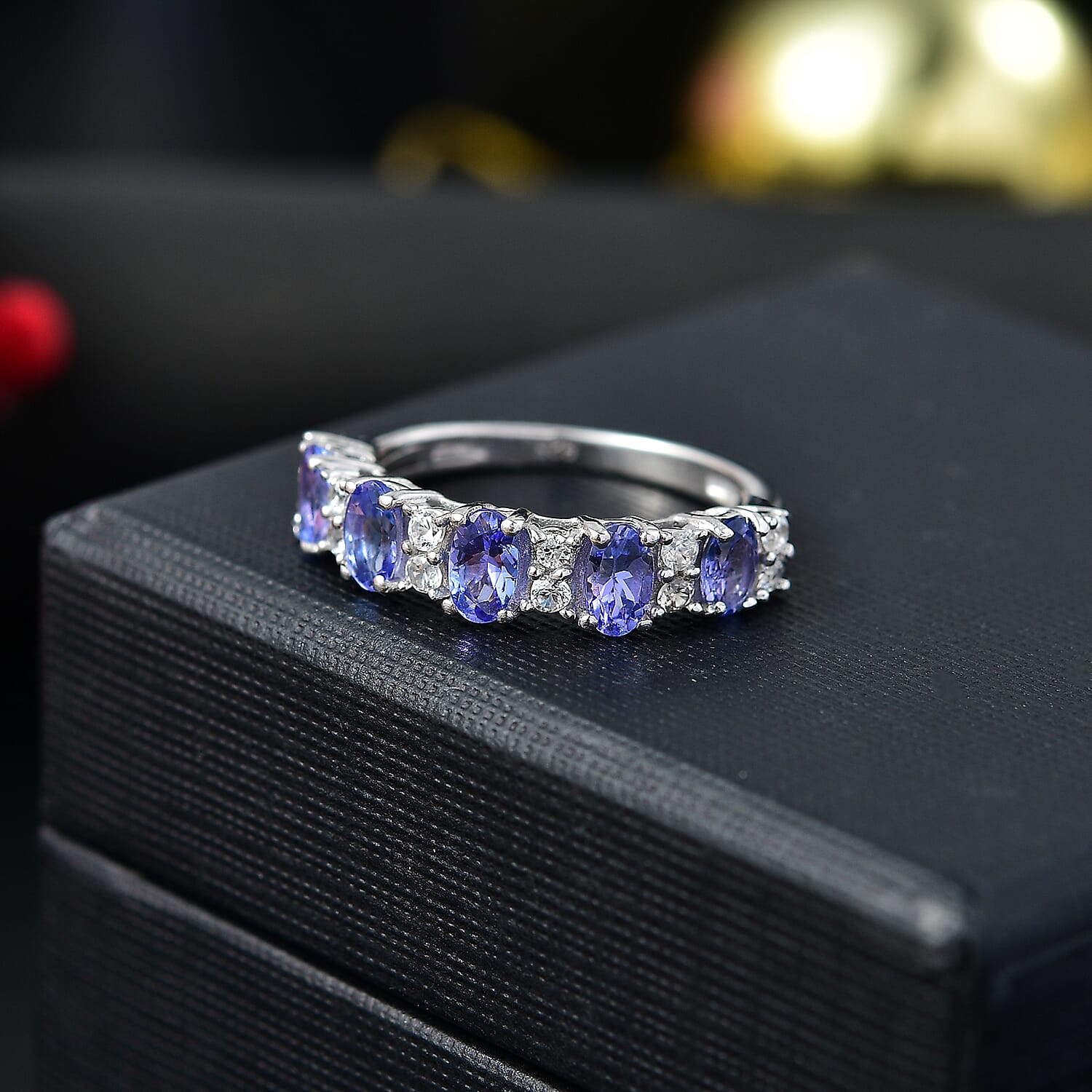 Tanzanite & White Zircon Cluster Ring in Rhodium Overlay Sterling Silver 1.59 Ct.